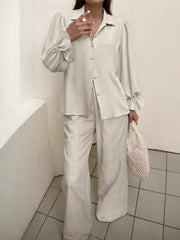 Ruffle Sleeve Shirt and Pants Set Beige OutfitFlow