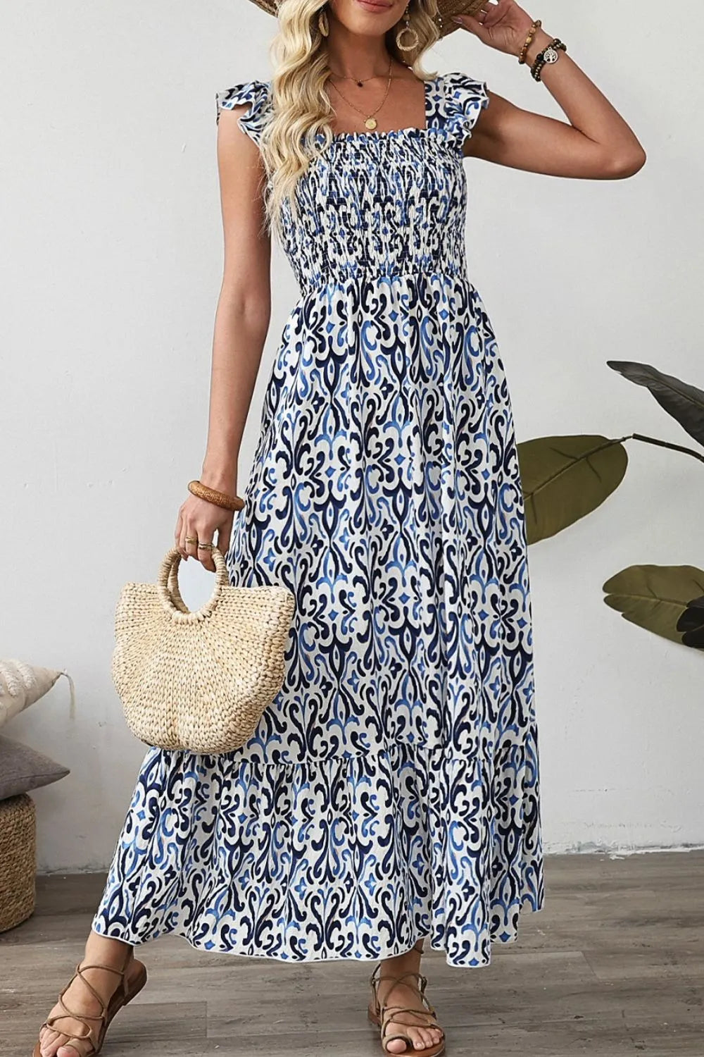 Smocked Printed Square Neck Dress OutfitFlow
