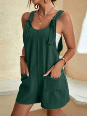 Full Size Knot Strap Romper with Pockets Plus Size Dark Green OutfitFlow