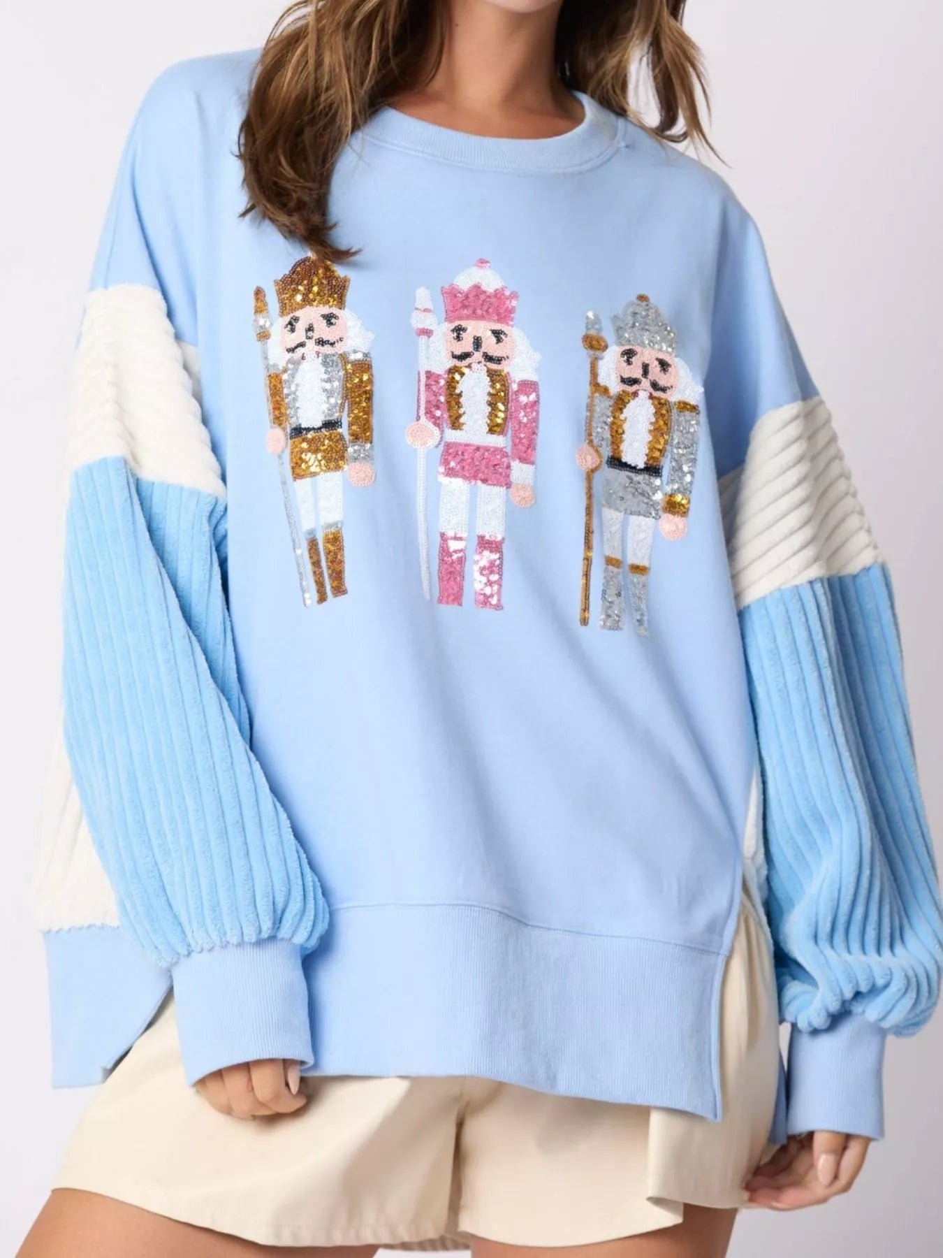 Nutcracker Long Sleeve Sweatshirt with Side Slit Sky Blue OutfitFlow
