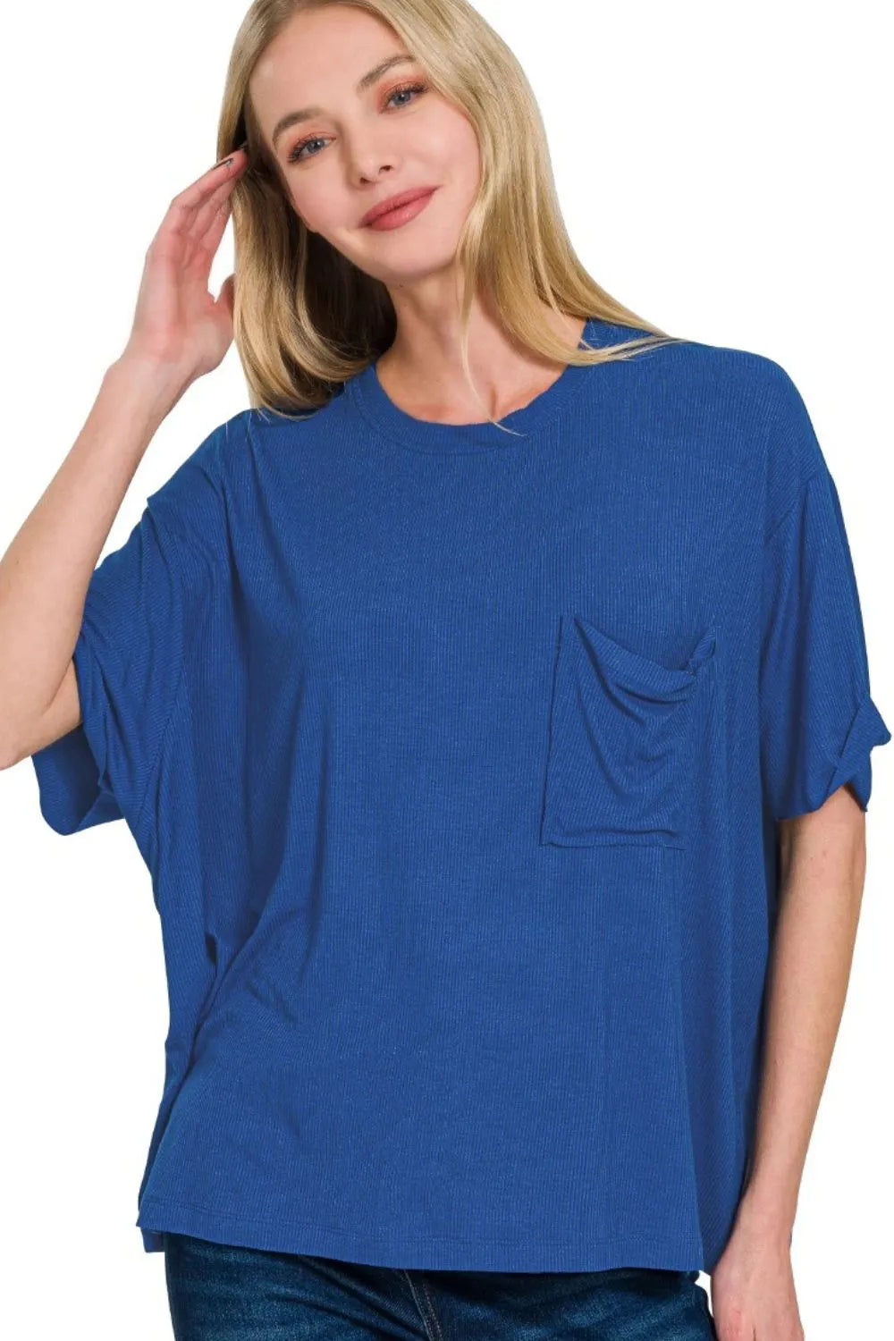 Zenana Oversized Ribbed Round Neck Short Sleeve Tee LT NAVY OutfitFlow