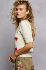 POL Round Neck Strawberry Patch Sweater with Shirring Shoulder OutfitFlow