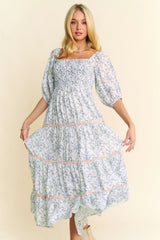 Davi & Dani Contrast Ric Smocking Bodice Tiered Midi Dress OutfitFlow