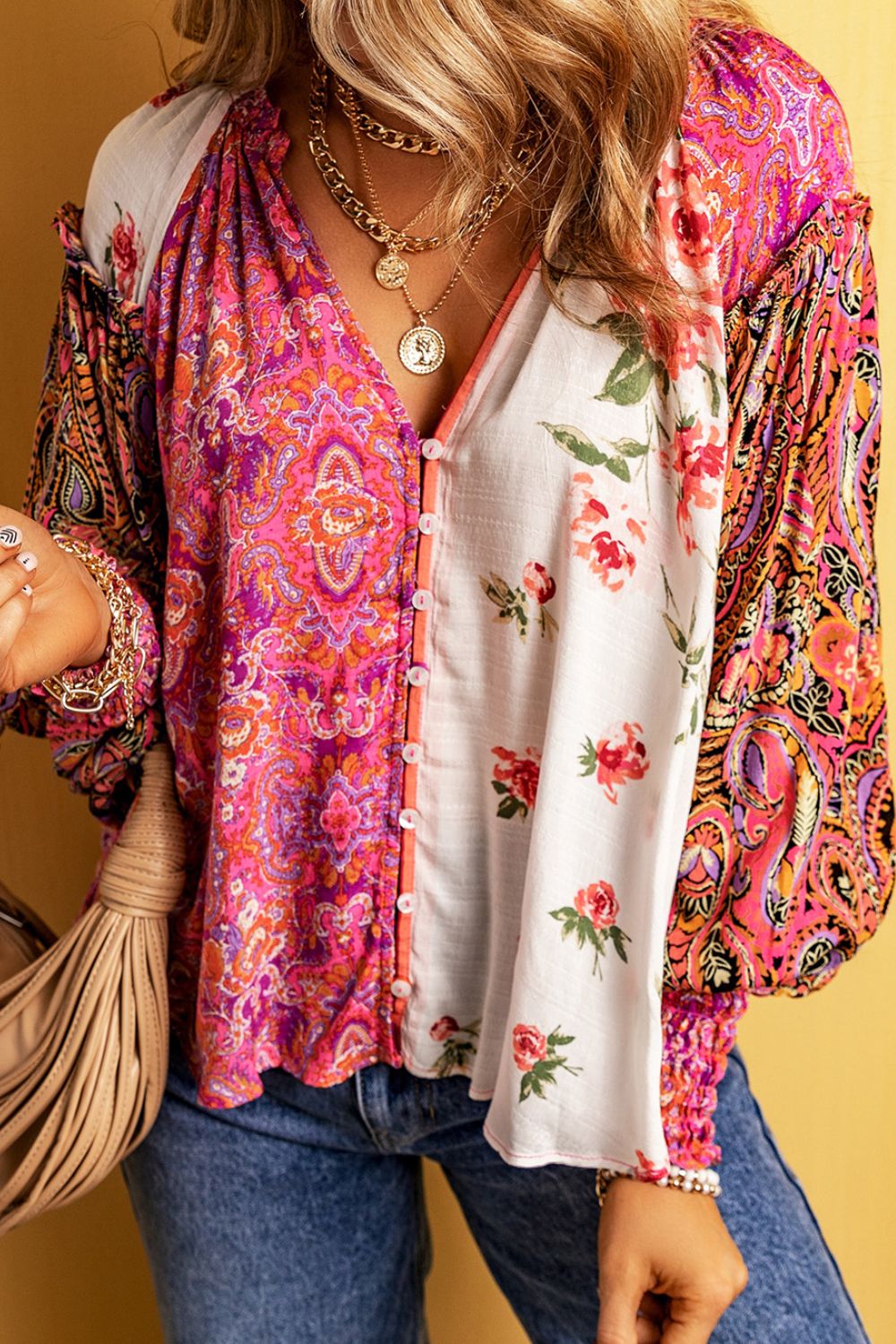 Outfit Flow - Frill Floral Shirred Cuff Long Sleeve Blouse