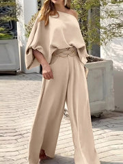 Plus Size One-Shoulder Top and Wide Leg Pants Set OutfitFlow