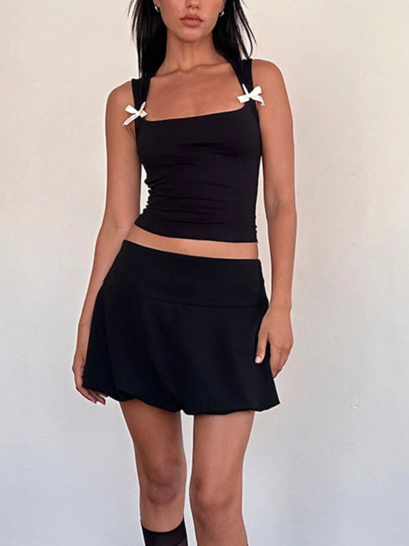 Bow Detail Square Neck Cropped Tank OutfitFlow