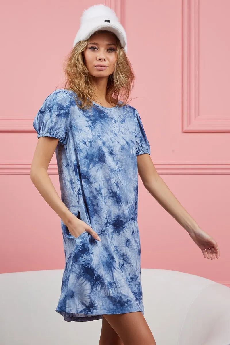 BiBi Puff Sleeve With Side Pockets Tie Dye Dress OutfitFlow