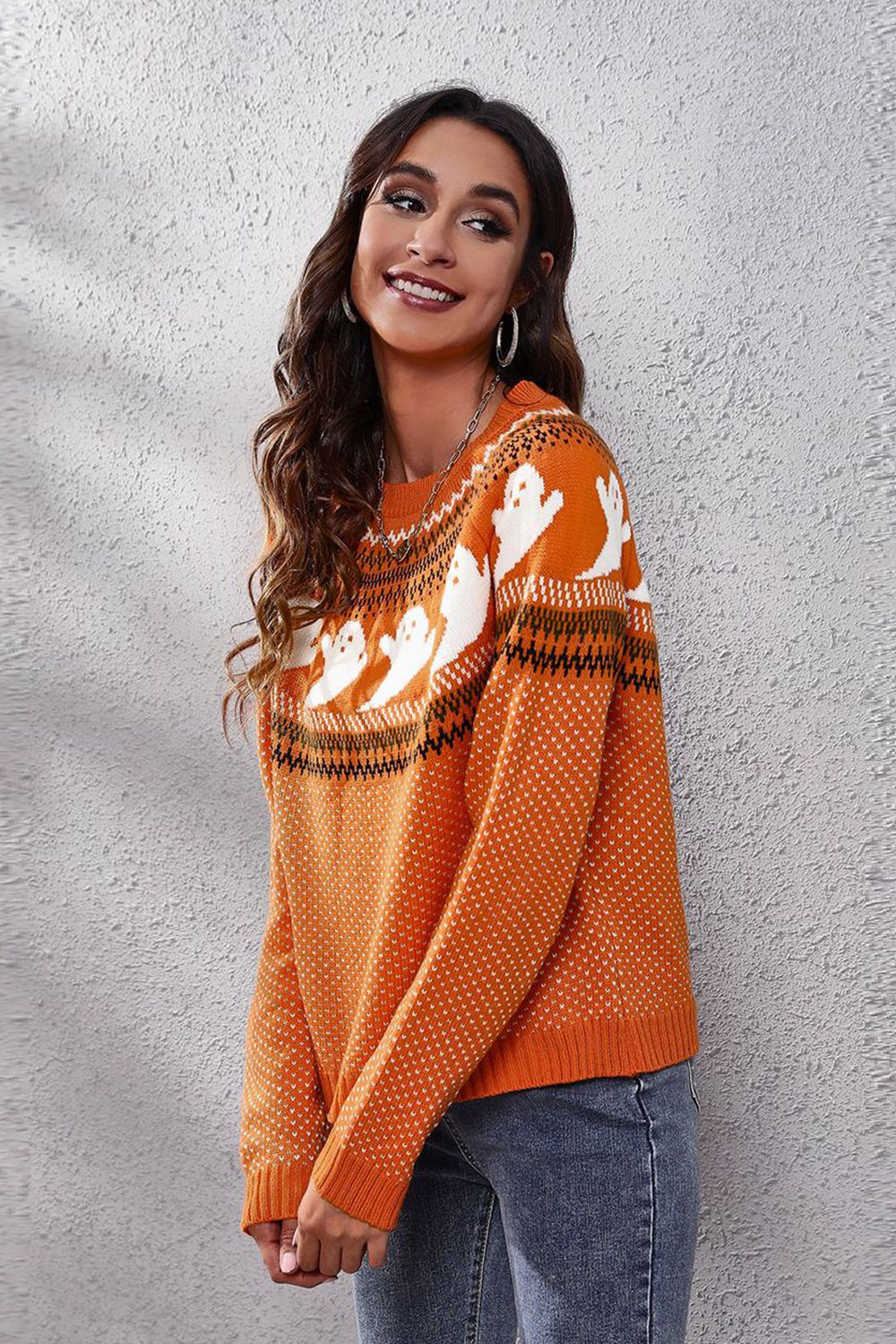Ghost Pattern Round Neck Long Sleeve Sweater OutfitFlow