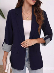 Lapel Collar Roll-Up Sleeve Blazer Navy Blue OutfitFlow