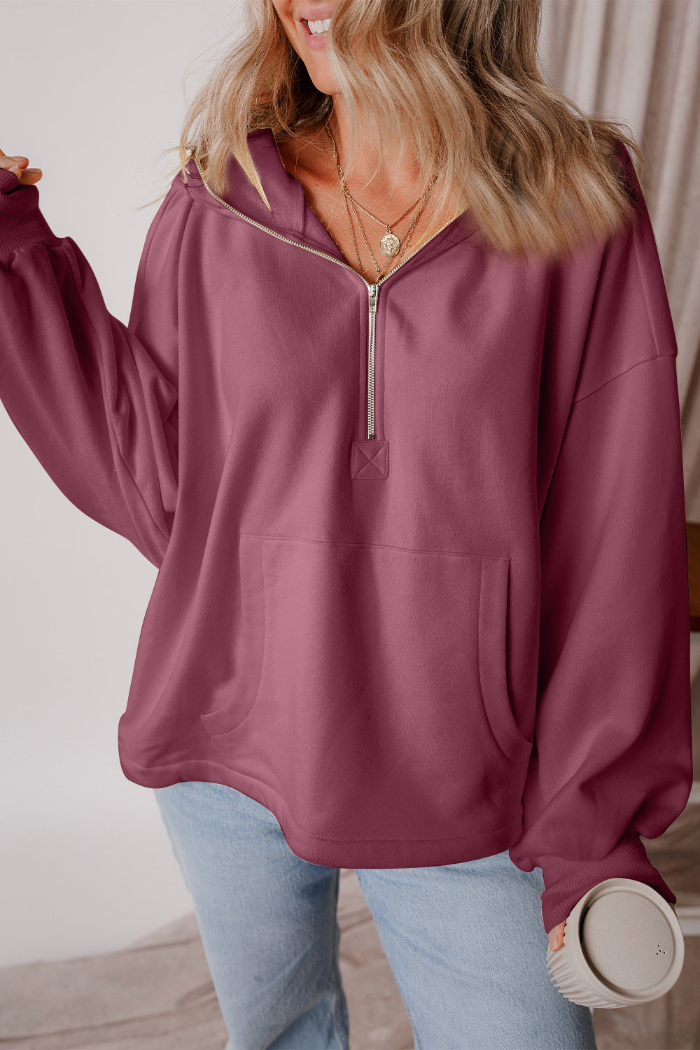 Pocketed Half Zip Dropped Shoulder Hoodie OutfitFlow