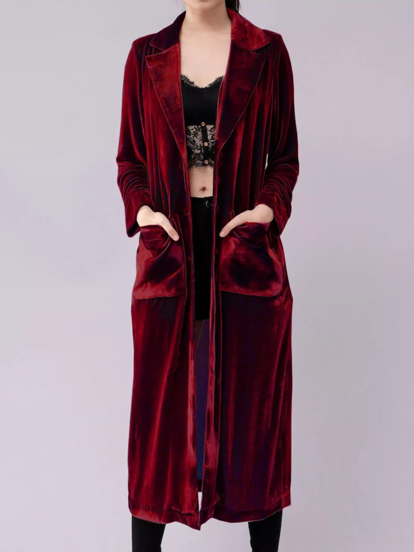 Velvet Lapel Collar Longline Coat Burgundy Trendsi