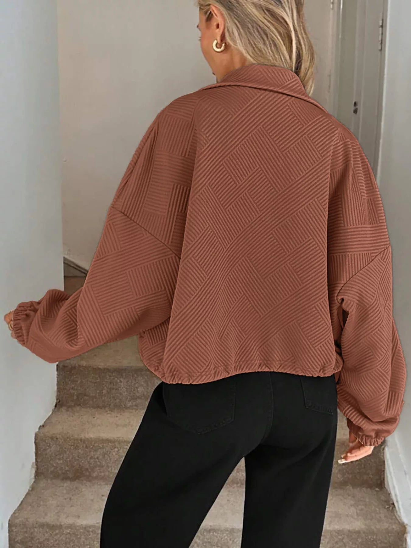 Drawstring Hem Textured Long Sleeve Jacket OutfitFlow