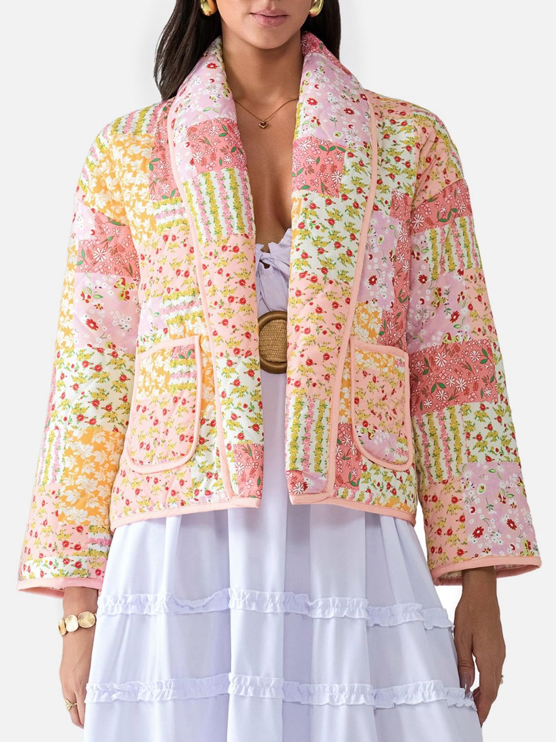 Outfit Flow - Printed Patchwork Open Front Cardigan with Pockets