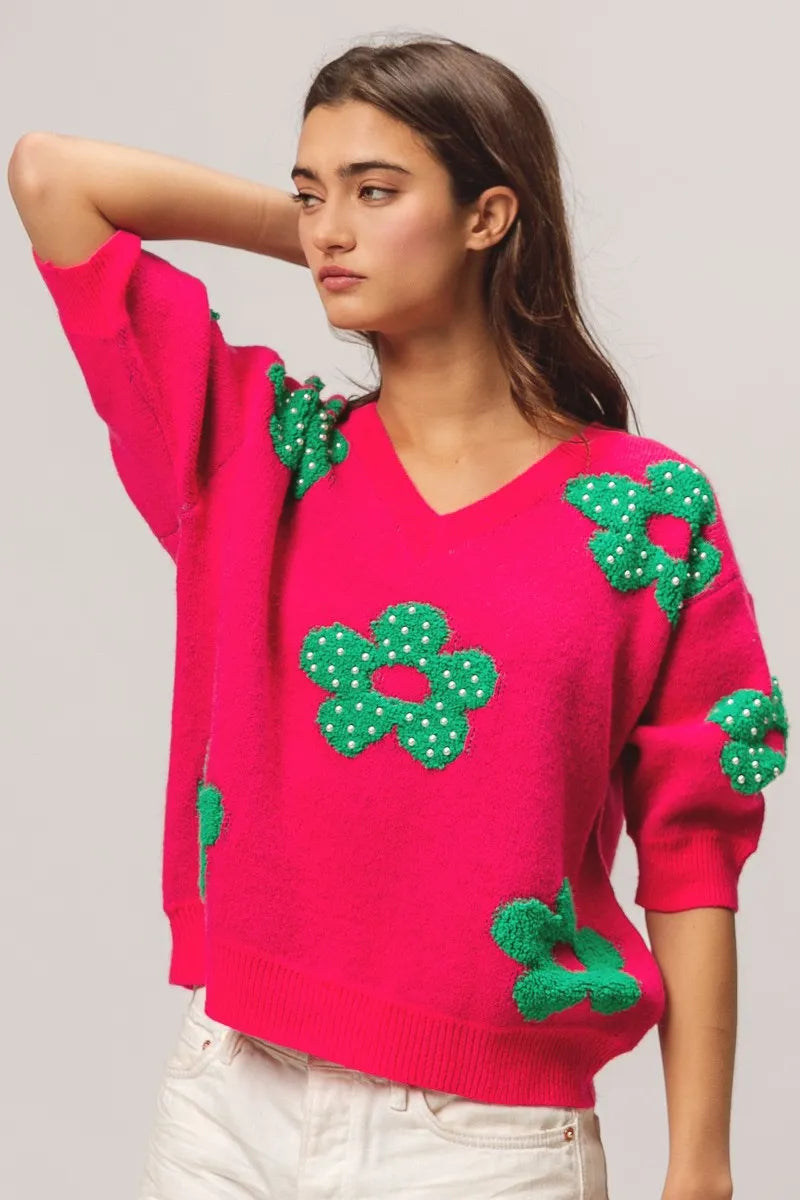 BiBi Pearl Beads Flowers Sweater Top OutfitFlow