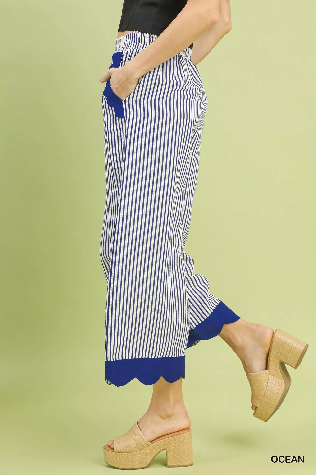 Umgee Stripe Scallop Hem Wide Leg Pants Trendsi