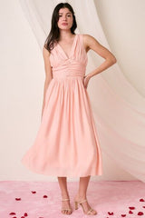 Mittoshop Ruched V-Neck Sleeveless Midi Dress OutfitFlow