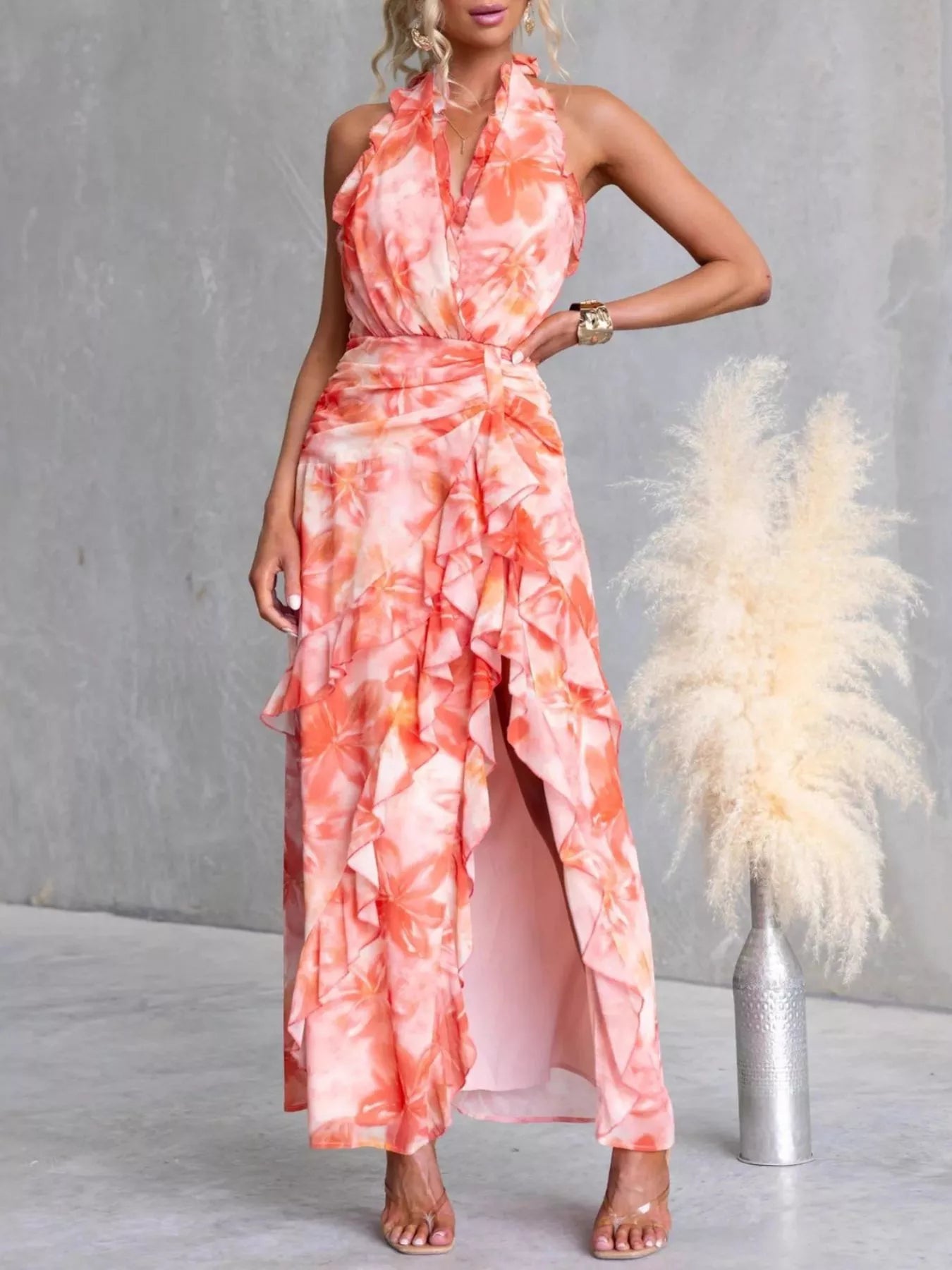 Floral Print Ruffle Halter Neck Maxi Dress OutfitFlow