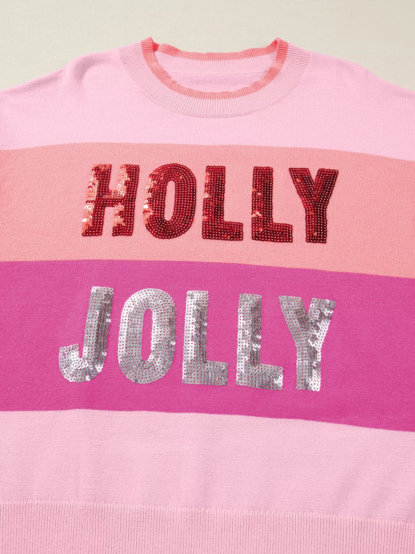 Sequined HOLLY JOLLY Color Block Crew Neck Sweater OutfitFlow