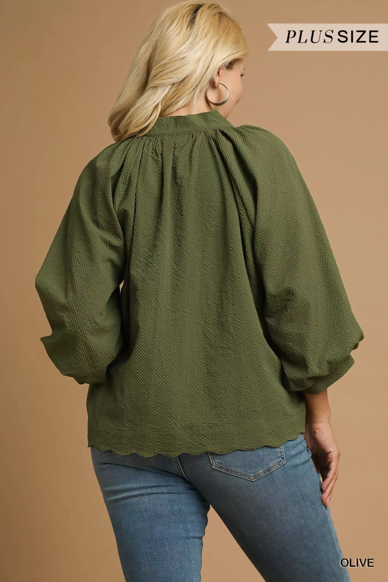 Umgee Full Size Textured Notched Balloon Sleeve Blouse Plus Size OutfitFlow