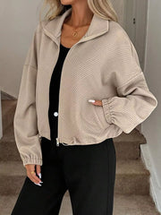 Textured Zip-Up Drawstring Hem Jacket Trendsi
