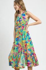 Umgee Ruffled Hem Printed Sleeveless Midi Dress OutfitFlow