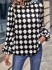 Checkered Pattern Balloon Sleeve Blouse OutfitFlow
