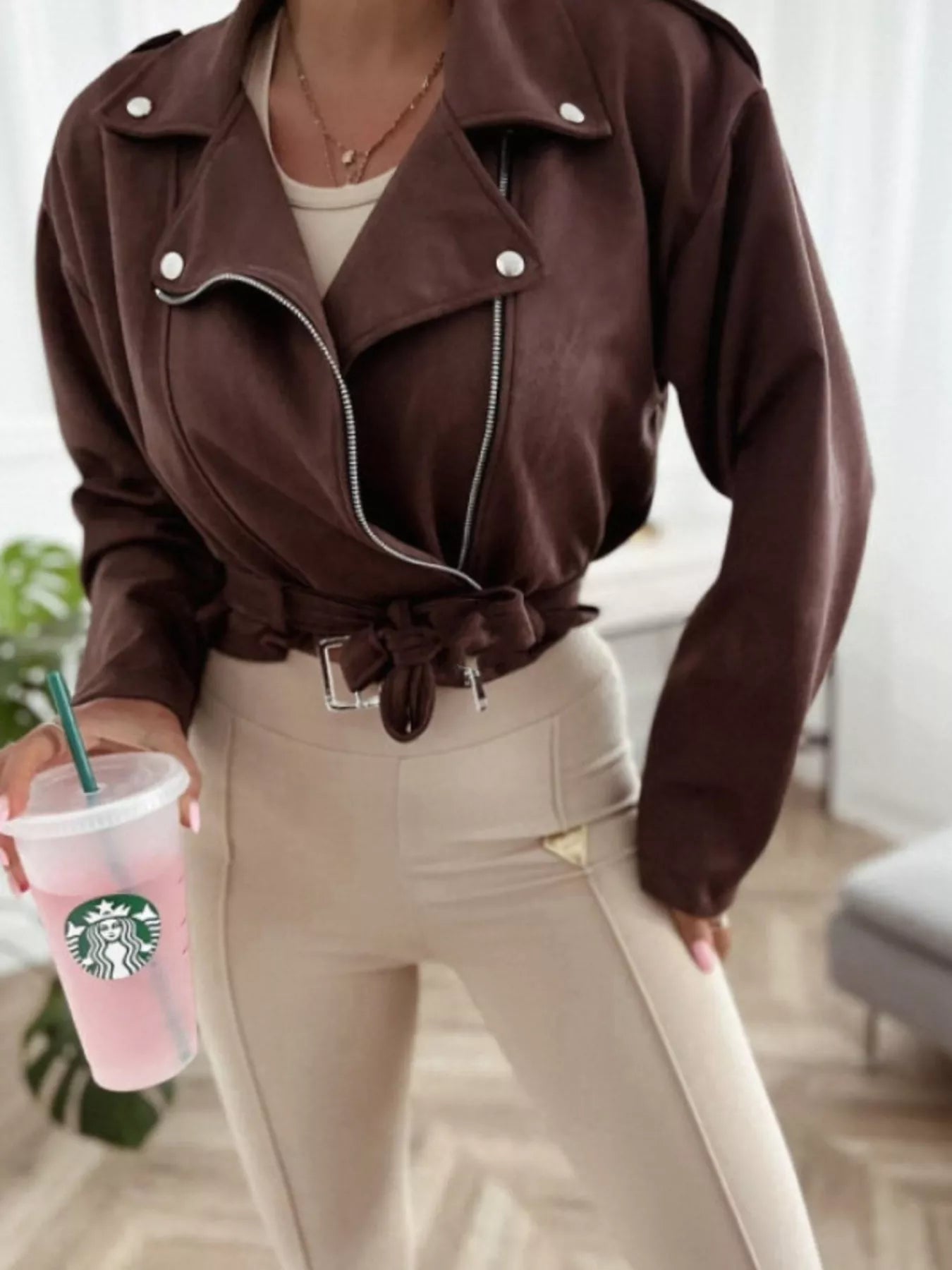 Zip Up Cropped Jacket Brown OutfitFlow
