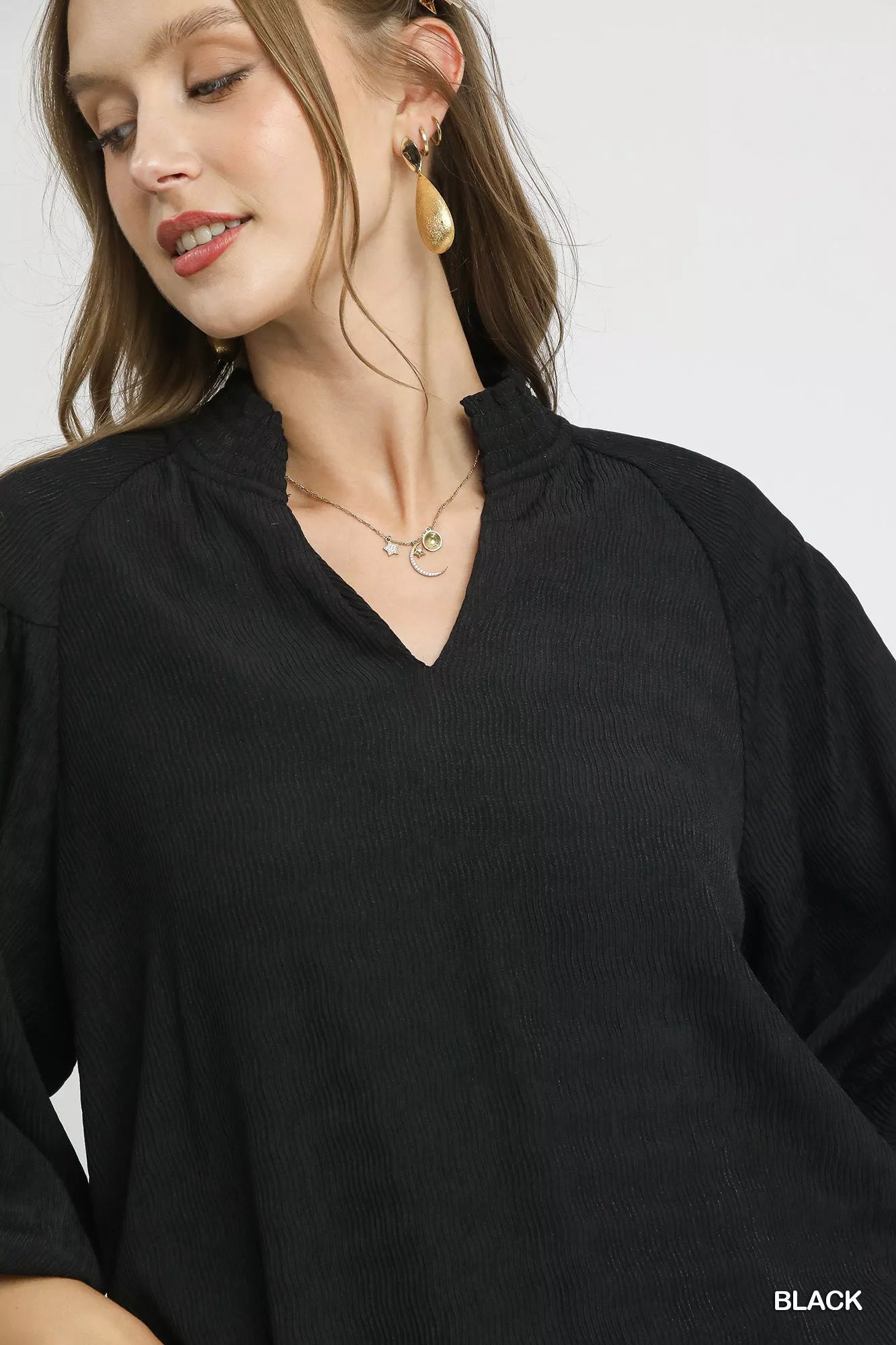 Umgee Textured V-Neck Blouse with Balloon Sleeves OutfitFlow