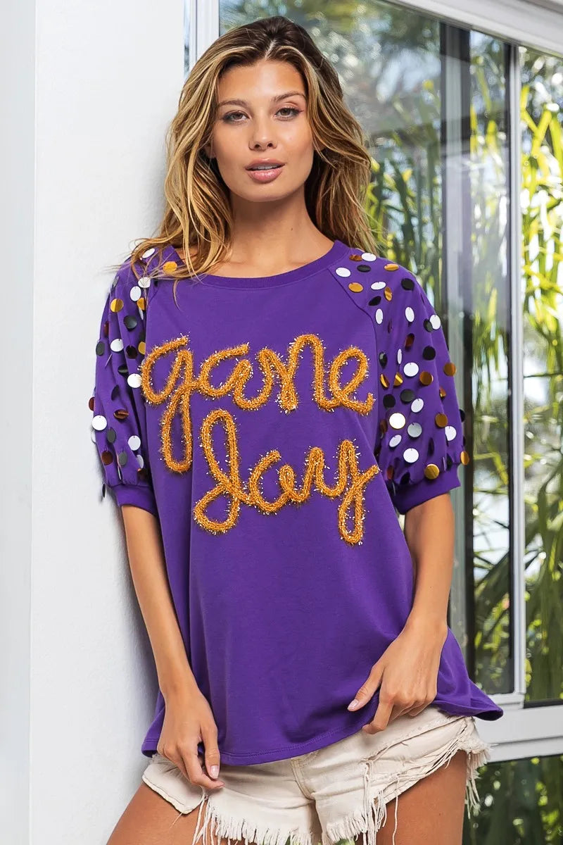 BiBi Game Day Metallic Letter Spangle Sleeve Top OutfitFlow
