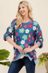 Outfit Flow - Celeste Full Size Side Slit Flower Print Long Sleeve Top