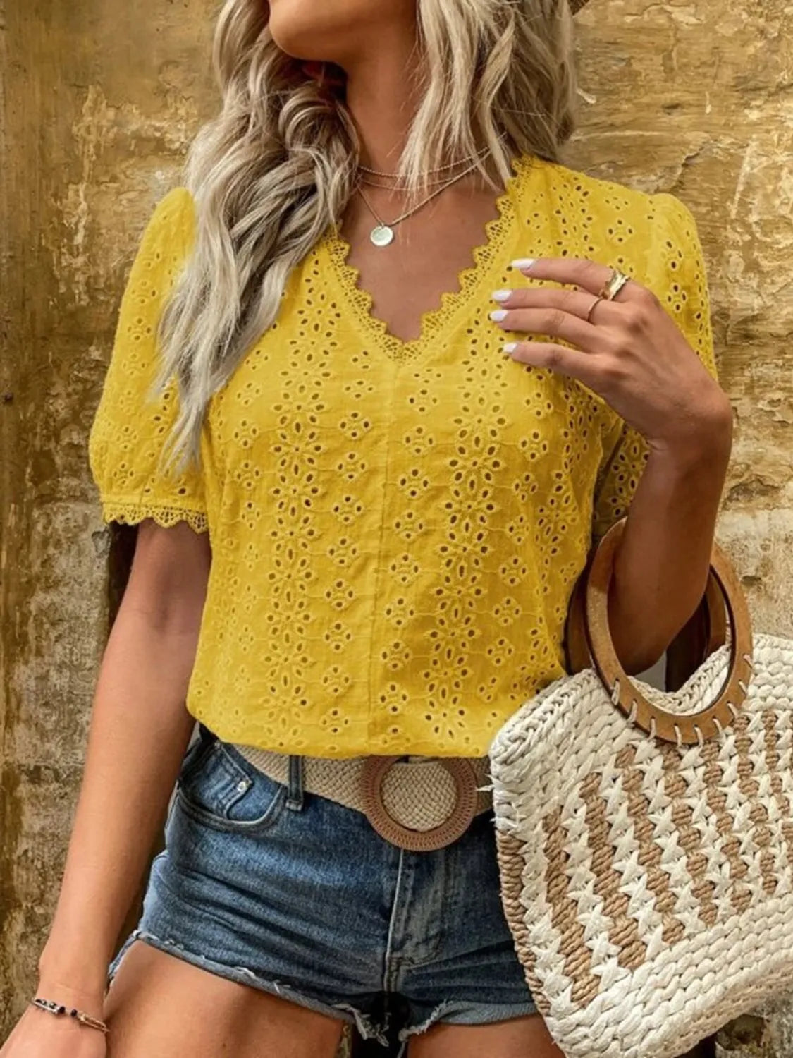 Full Size Lace Detail Eyelet V-Neck Short Sleeve Blouse Plus Size Gold OutfitFlow
