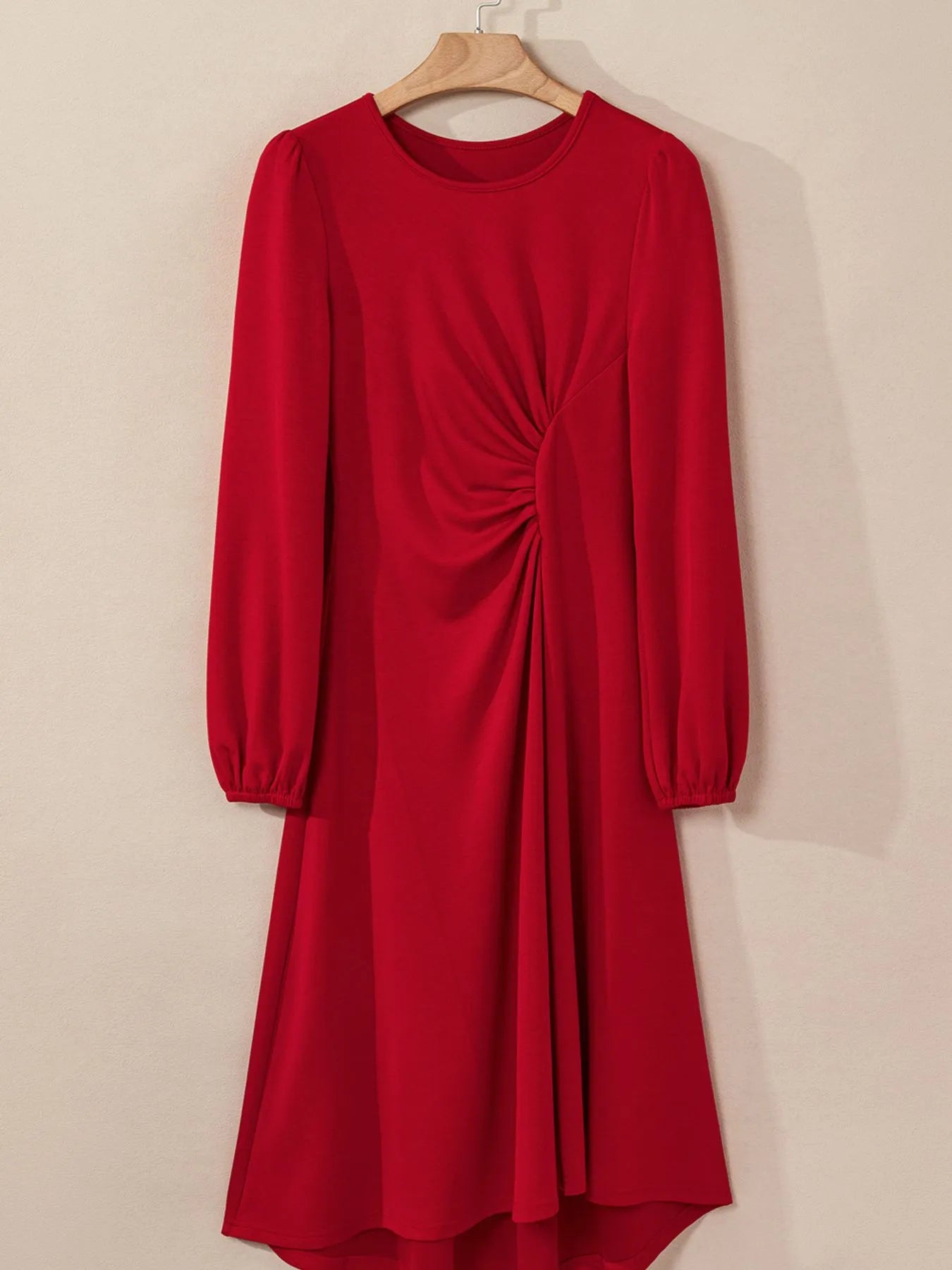 Solid Color Ruched Detail Long Sleeve Midi Dress OutfitFlow