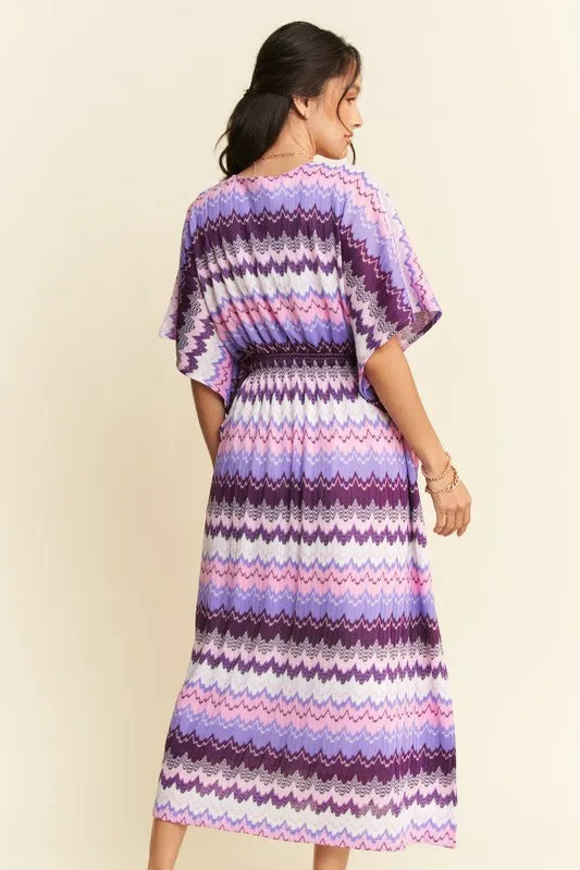 Davi & Dani Multi Color Wavy Tie Waist Flowy Sleeve Dress OutfitFlow