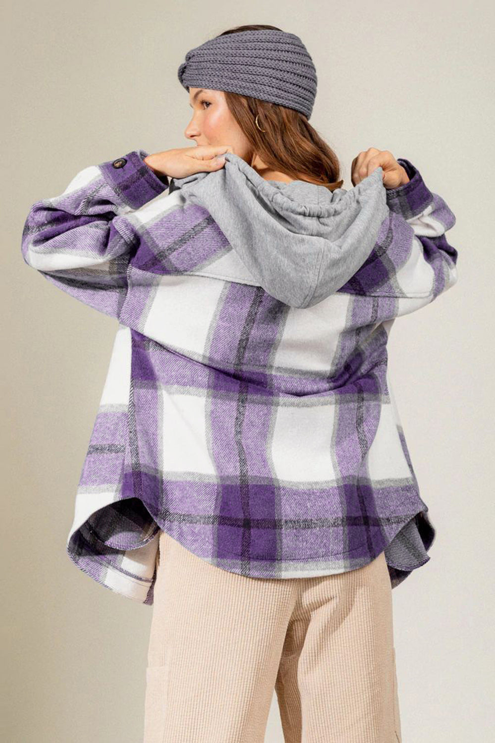 Outfit Flow - Drawstring Plaid Dropped Shoulder Hooded Jacket