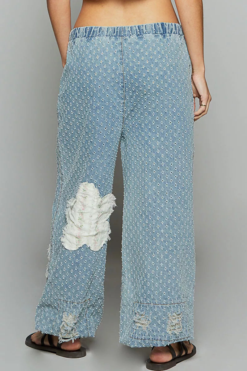 POL Floral Patch Washed Textured Twill Pants with Crochet See Thru Patch OutfitFlow