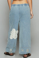 POL Floral Patch Washed Textured Twill Pants with Crochet See Thru Patch OutfitFlow