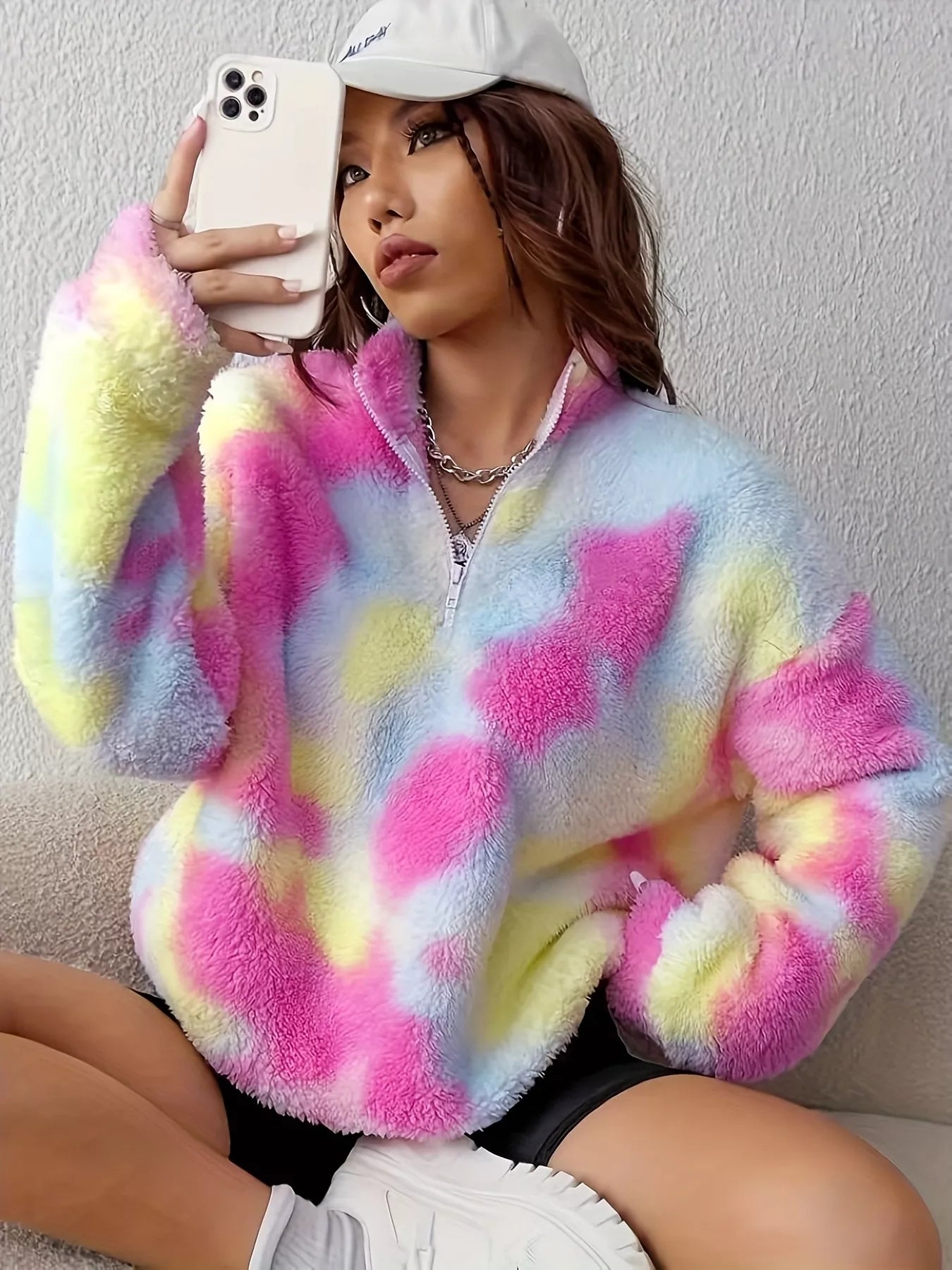 Tie-Dye Fuzzy Quarter Zip Sweatshirt OutfitFlow