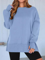 Side Slit Round Neck Long Sleeve Sweatshirt OutfitFlow