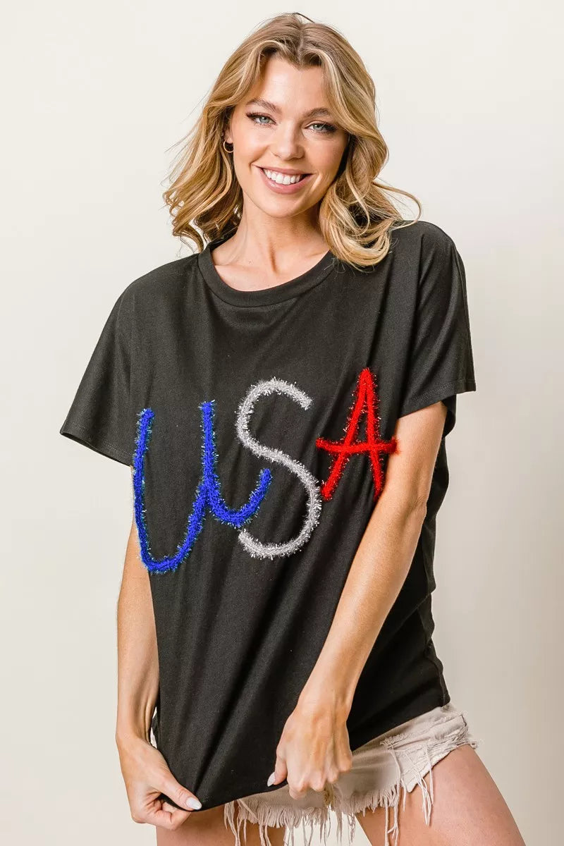 BiBi Metallic Letter Short Dolman Sleeve Top OutfitFlow