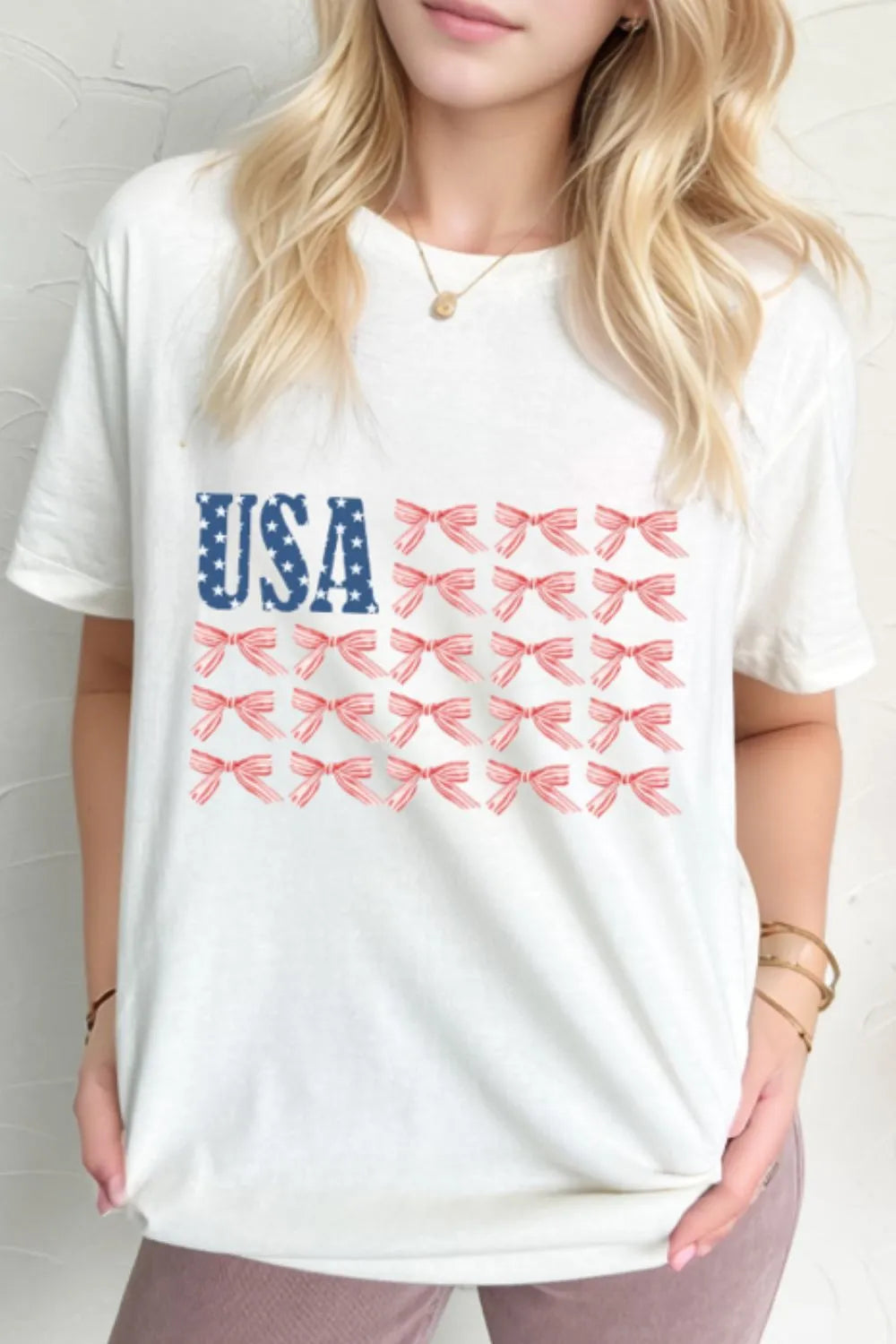 USA Flag Bow Knot Print Round Neck T Shirt OutfitFlow