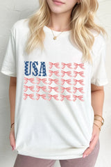 USA Flag Bow Knot Print Round Neck T Shirt OutfitFlow