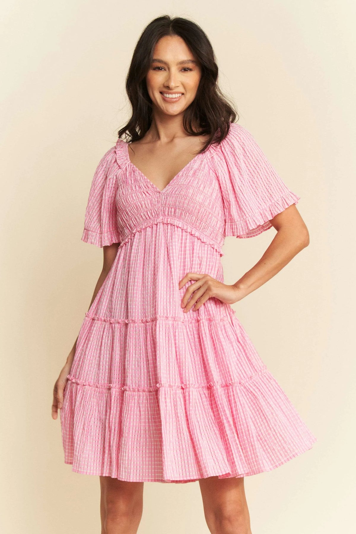 Davi & Dani Jacquard Checker Smocking Tiered Dress BARBIE PINK OutfitFlow