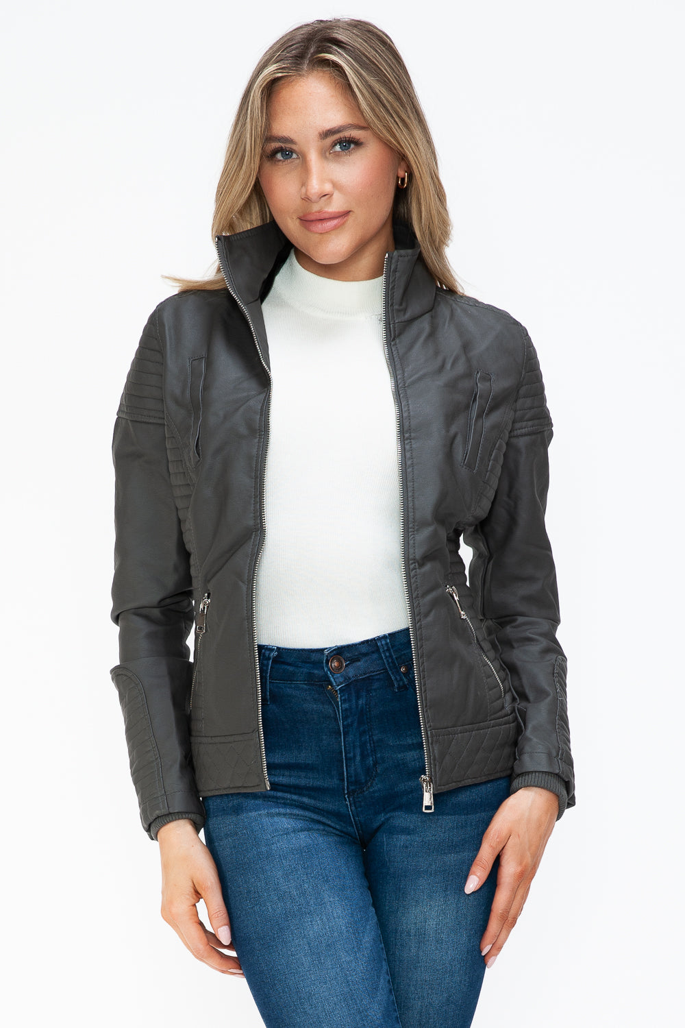 Outfit Flow - YMI Faux Layered Double-Zipper Jacket with Fuzzy Hood