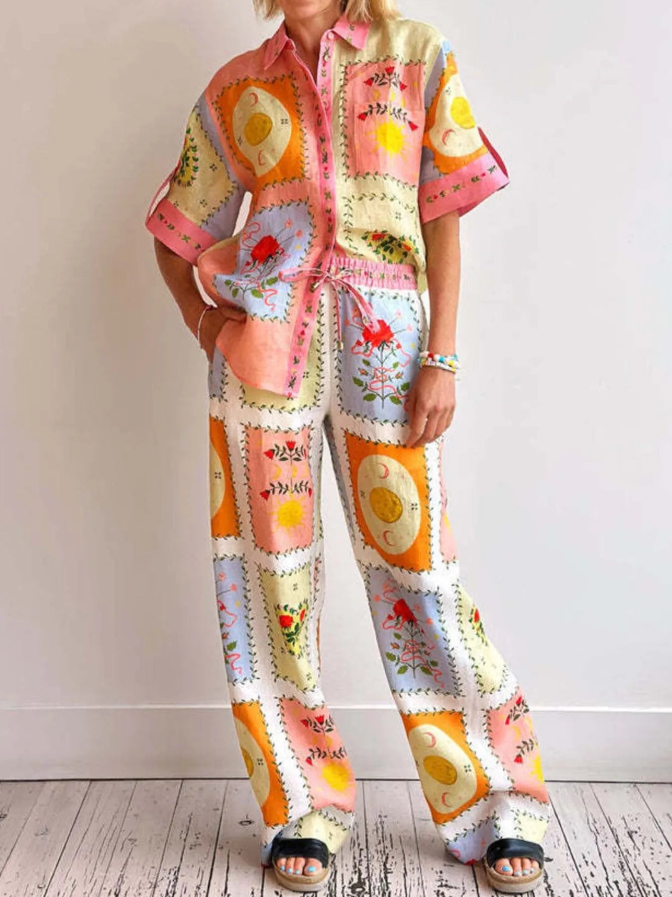 Printed Button Up Shirt and Pants Set OutfitFlow