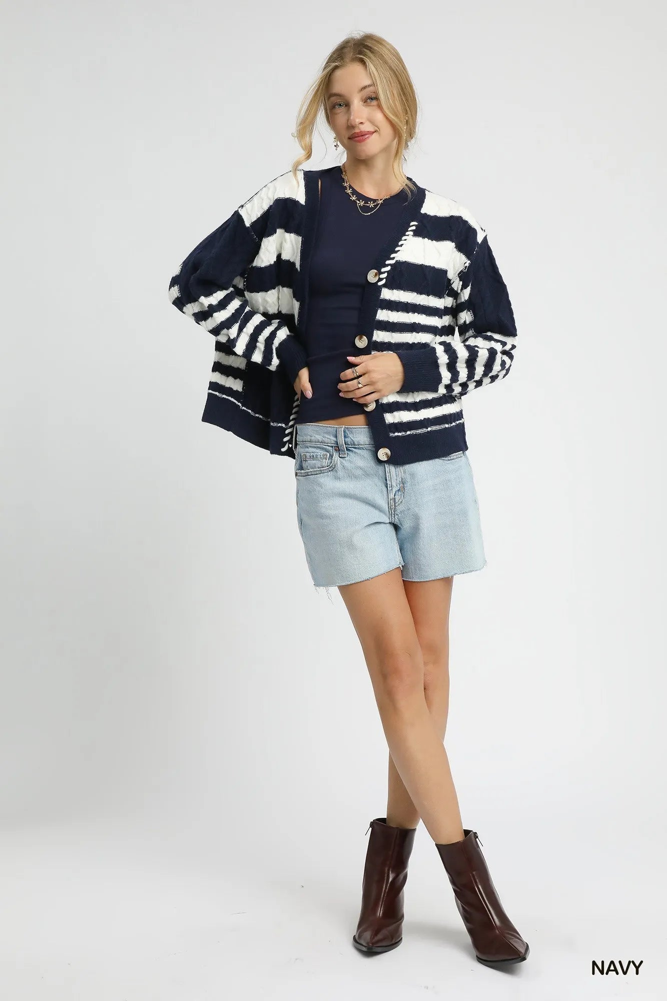 Umgee Cable-Knit Stripe Button-Up Cardigan Trendsi