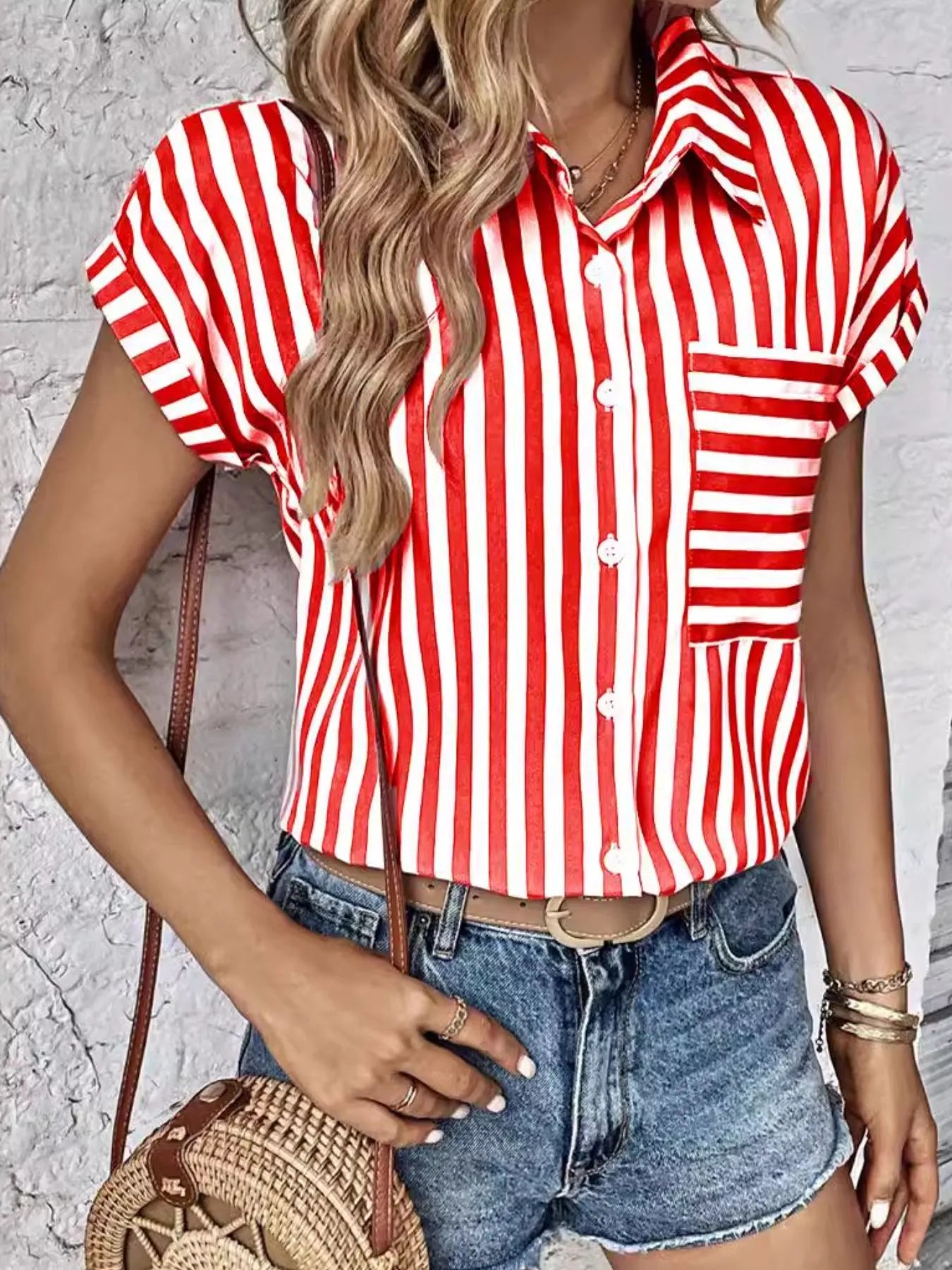 Striped Button-Up Short Sleeve Shirt with Pocket Red OutfitFlow