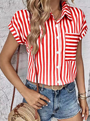 Striped Button-Up Short Sleeve Shirt with Pocket Red OutfitFlow