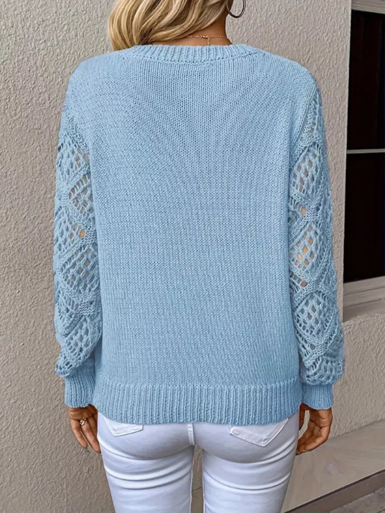 Openwork V-Neck Long Sleeve Sweater OutfitFlow