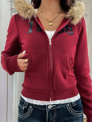 Fur Hooded Zip-Up Jacket Trendsi