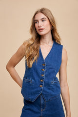 Annie Wear Button Down V-Neck Denim Vest